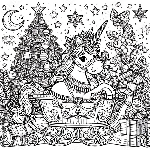 A coloring page of a unicorn in a sleigh image photo used for printing illustrator.