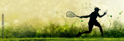 A tennis player is seen executing a powerful forehand shot on a lush green grass court. The motion blur of distant opponents and the ball add dynamism to the scene, creating a captivating sports