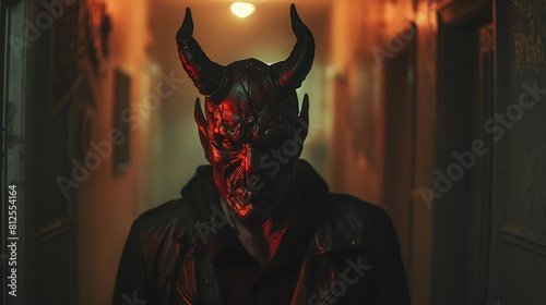 Amidst the revelry of Halloween, a man dons a devil mask, embodying the spirit of darkness and temptation, casting an ominous presence wherever he roams.  photo