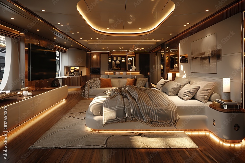 High end yacht interior design, master bedroom with TV and sofa in the ...