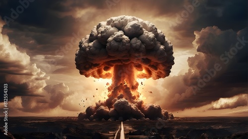 This graphic illustration of a nuclear explosion of an atom bomb with a mushroom cloud creates a dystopian Armageddon by deploying a weapon of mass destruction. It is created using computer-generated  photo