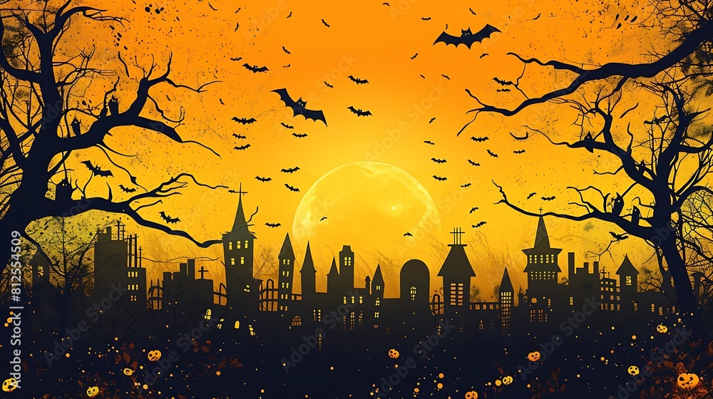 a city panorama in black in halloween style on yellow and orange background 
