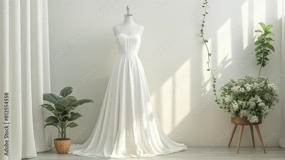 White long dress mockup, lovely dress on mannequin, 3d render White long dress mockup, lovely dress on mannequin, 3d render