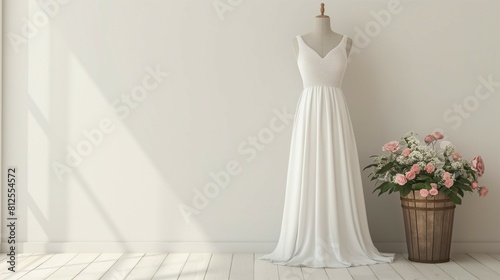 White long dress mockup, lovely dress on mannequin, 3d render © woojooo