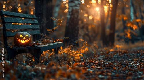 spooky forest sunnset with glowing eyes of pumpkin left on bench  photo
