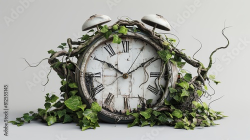 A sculpture of a clock with its hands tied by vines, representing the struggle against time and natures reclaiming power photo