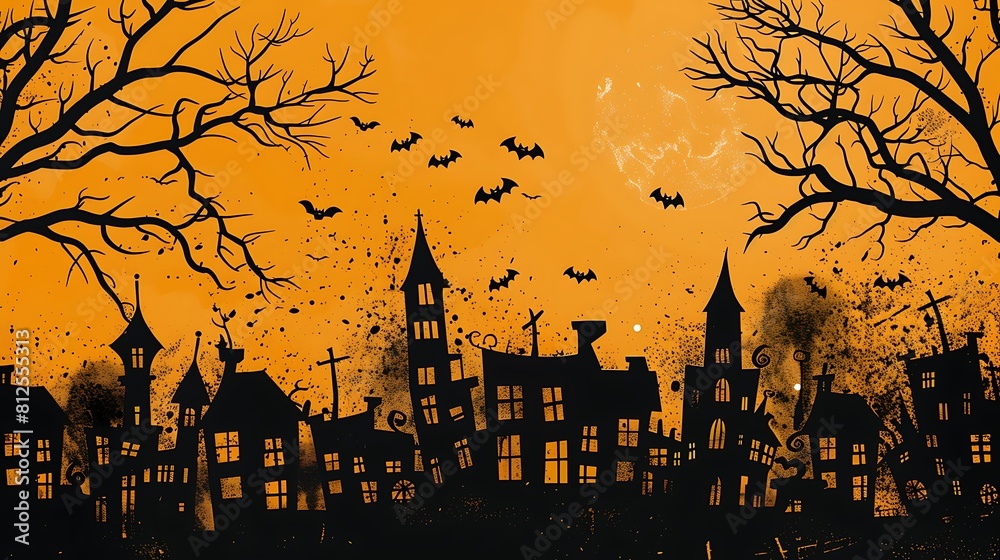 a city panorama in black in halloween style on yellow and orange background