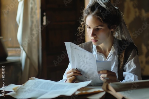 A young woman in period clothing reads a letter in a dimly lit room. AIG51A.