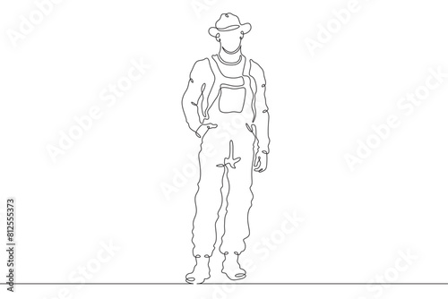 Man farmer in overalls and boots. The male character is engaged in agriculture. Villager. Gardener. One continuous line. Line art. Minimum one line. White background. One line drawing.