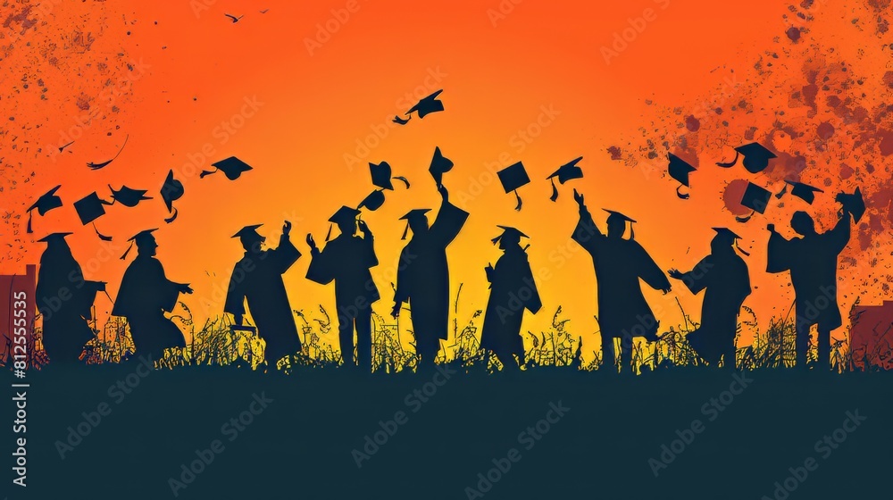 Bold silhouette of graduates tossing caps in celebration Bold silhouette of graduates tossing caps in celebration