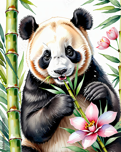 Verspielter Panda im Bambuswald - Ein junger Panda knabbert an Bambus umgeben von Blumen. photo