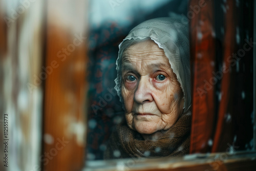 A depressed old lady feels lonely in her home. A sad elderly woman's gaze wanders out the window, and her longing for the closeness of others becomes more and more palpable.