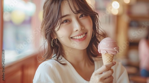 Asian woman with ice cream photo