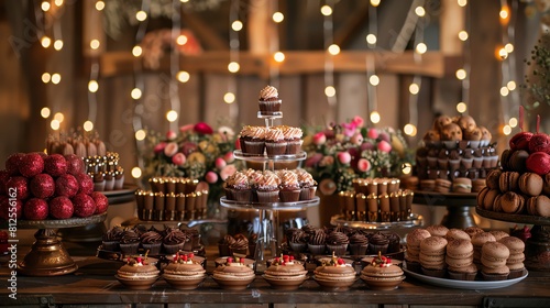 A dessert table setup featuring a cascade of chocolate cupcakes, macarons, and glittering fairy lights for a magical touch