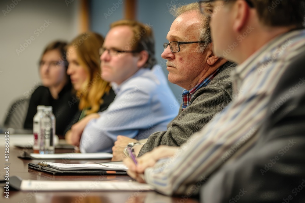 Business professionals engaged in a focused discussion during a formal meeting at a conference table
