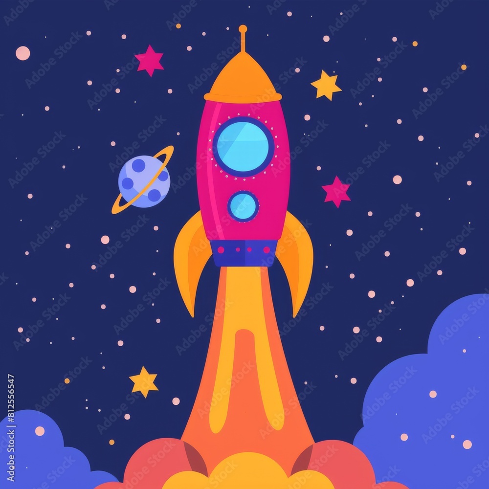Vibrant Cartoon Rocket Launching into Space Vibrant Cartoon Rocket Launching into Space