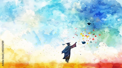 Cheerful watercolor artwork featuring a graduate tossing their cap