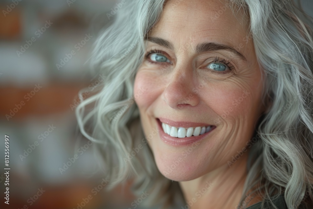 A mid-age woman with gray hair smiling radiantly against a brick wall A mid-age woman with gray hair smiling radiantly against a brick wall