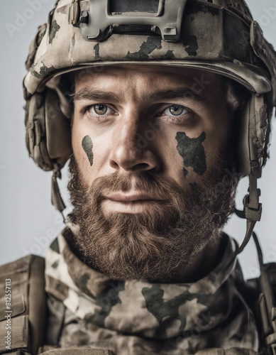 portrait of American commando with camouflaged face, isolated white background.  © abu