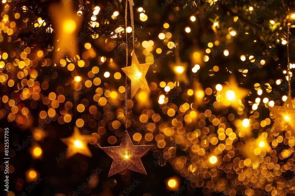 A Christmas tree adorned with golden stars hanging from its branches, illuminated by radiant lights against a dark background A Christmas tree adorned with golden stars hanging from its branches, illuminated by radiant lights against a dark background