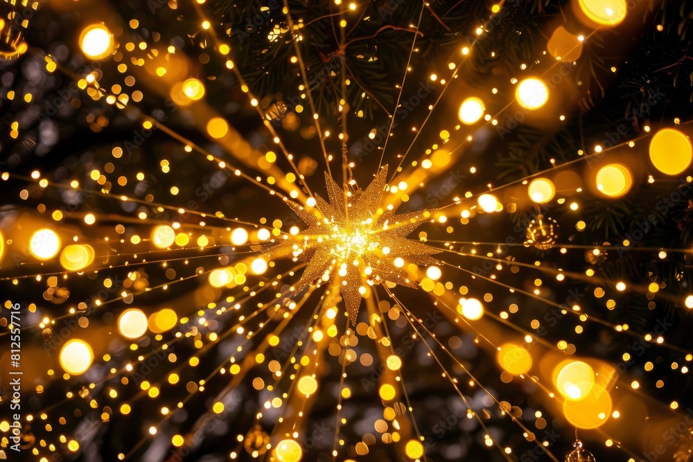 A tree illuminated by golden lights against a dark background, creating a magical and enchanting atmosphere A tree illuminated by golden lights against a dark background, creating a magical and enchanting atmosphere