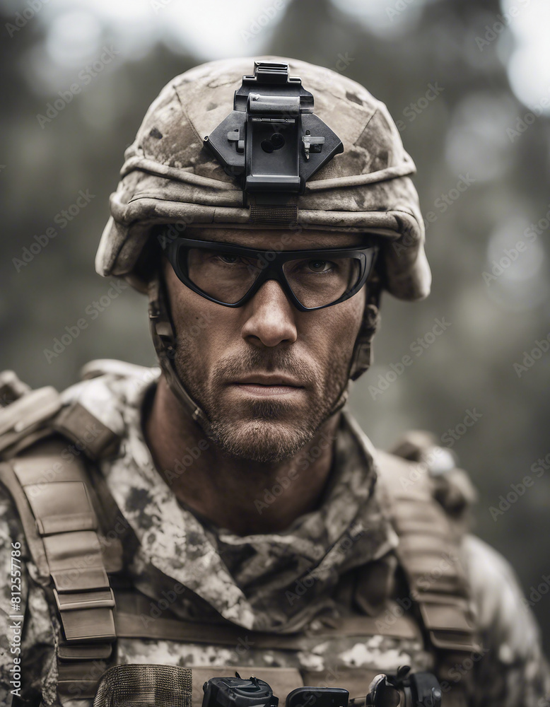 portrait of American commando with camouflaged face, isolated white background.
