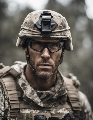 portrait of American commando with camouflaged face, isolated white background. 