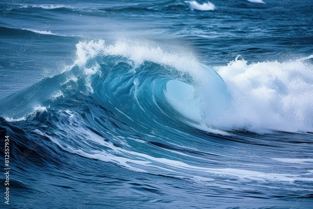 High-resolution capture of a powerful blue ocean wave cresting with white foam High-resolution capture of a powerful blue ocean wave cresting with white foam