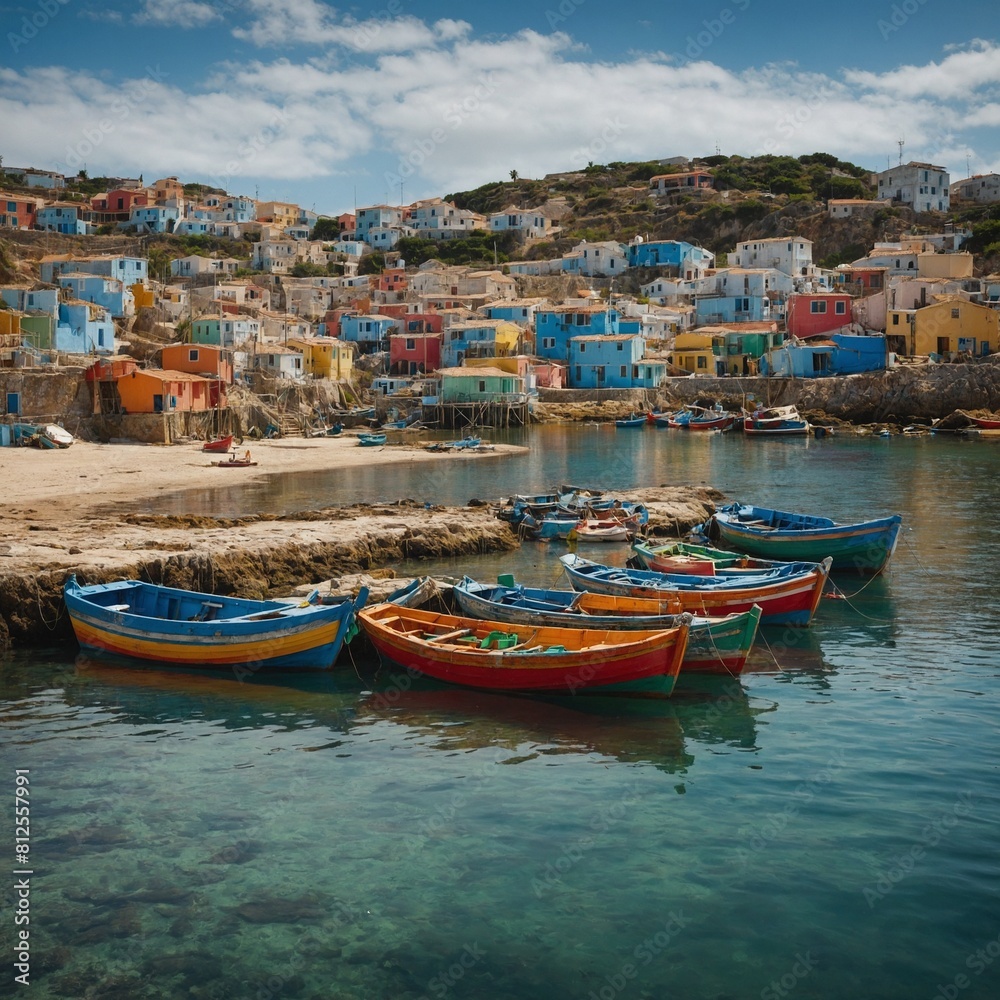 A charming coastal village with colorful fishing boats docked at the harbor, accompanied by images of missing children, symbolizing the search across borders.
