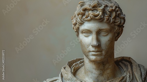 Ancient Greek statue of an ancient Roman senator in marble. Ancient roman Emperor statue in stone isolated on simple background. Ancient Greek architecture