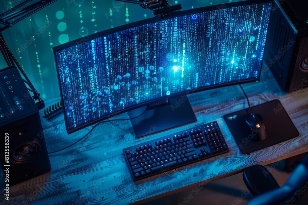 A computer monitor emitting a vibrant blue hue from digital binary data displayed on a desk with a keyboard A computer monitor emitting a vibrant blue hue from digital binary data displayed on a desk with a keyboard