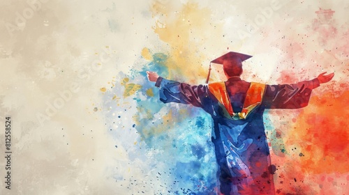 Colorful watercolor illustration depicting a graduate in a celebratory pose