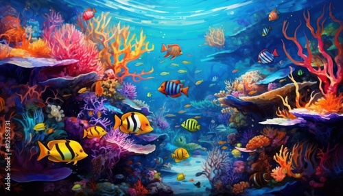 Tropical fish in the underwater  coral reef  amazing underwater life  various fish and exotic coral reefs  ocean wild creatures background