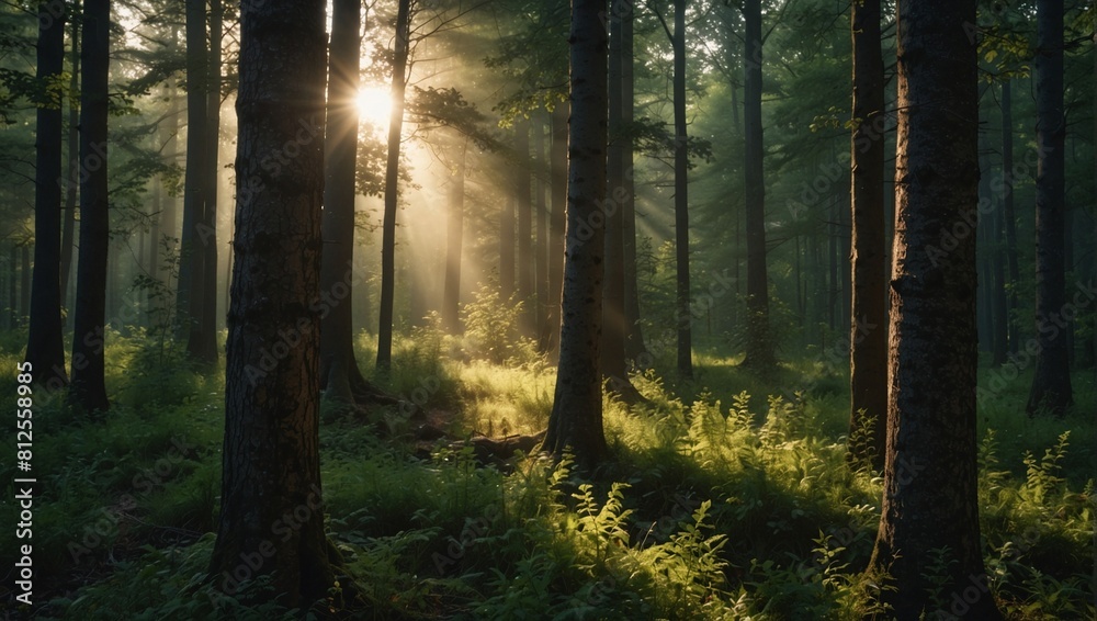Fototapeta premium photo of forest scenery with many trees in the morning made by AI generative