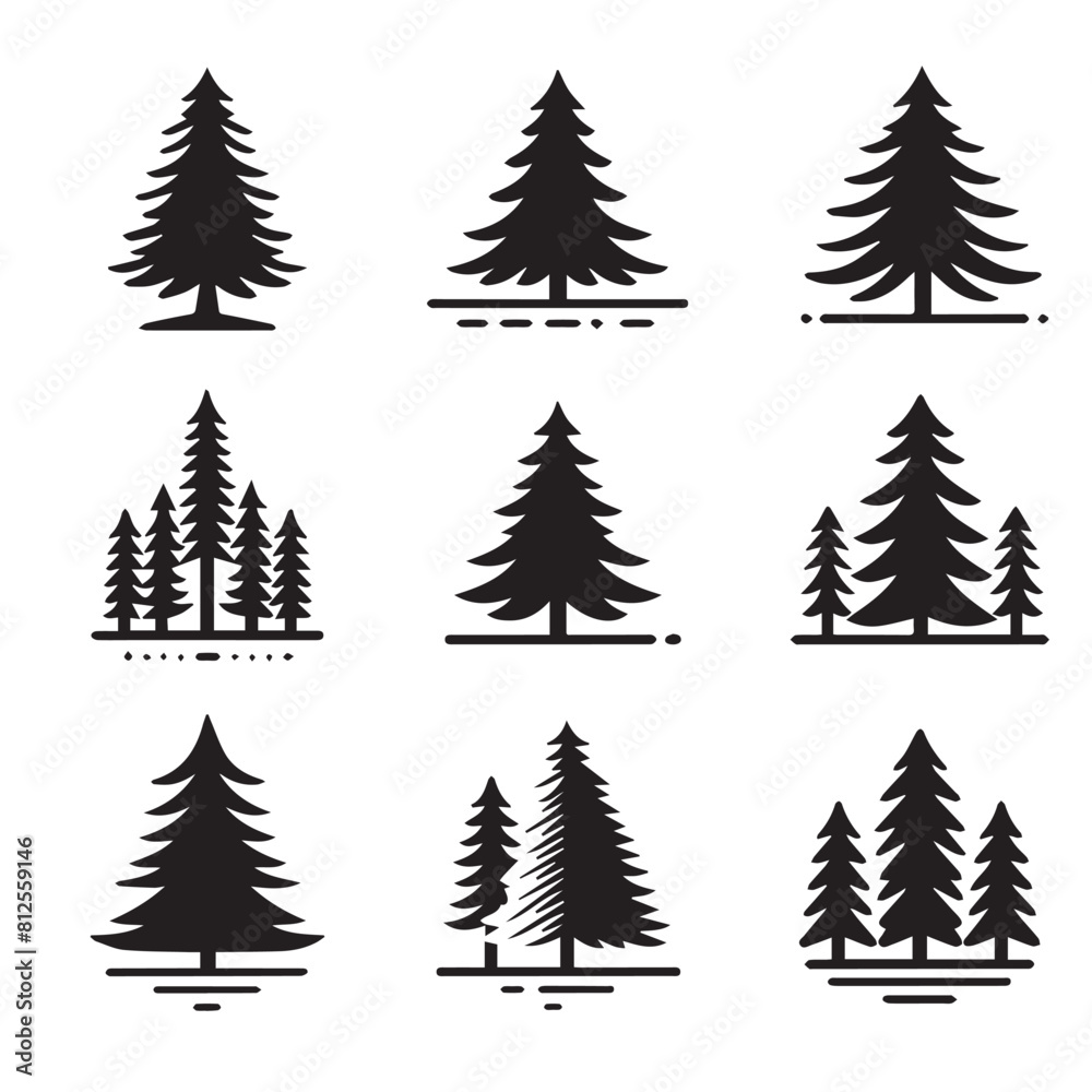 vector set of pine trees with a simple silhouette style