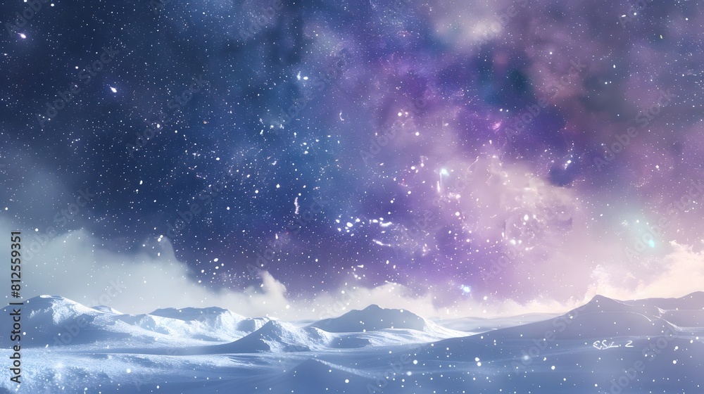 snowy hills with snow falling, stars shining in the night sky and purple galaxy sky background snowy hills with snow falling, stars shining in the night sky and purple galaxy sky background
