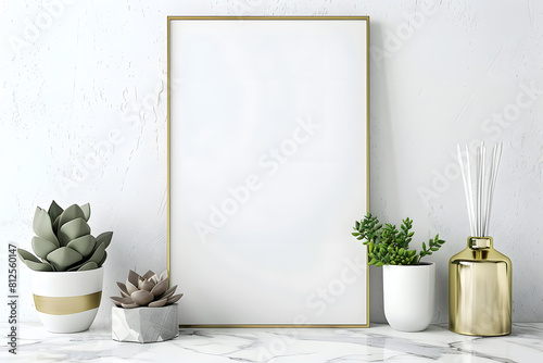Fototapeta Naklejka Na Ścianę i Meble -  Home interior poster mock up with vertical gold metal frame and succulents on white wall background. 3D rendering mock up. Generative Ai.