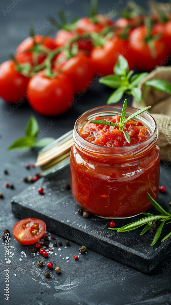 A jar of tomato sauce is on a table with a bunch of tomatoes and herbs A jar of tomato sauce is on a table with a bunch of tomatoes and herbs