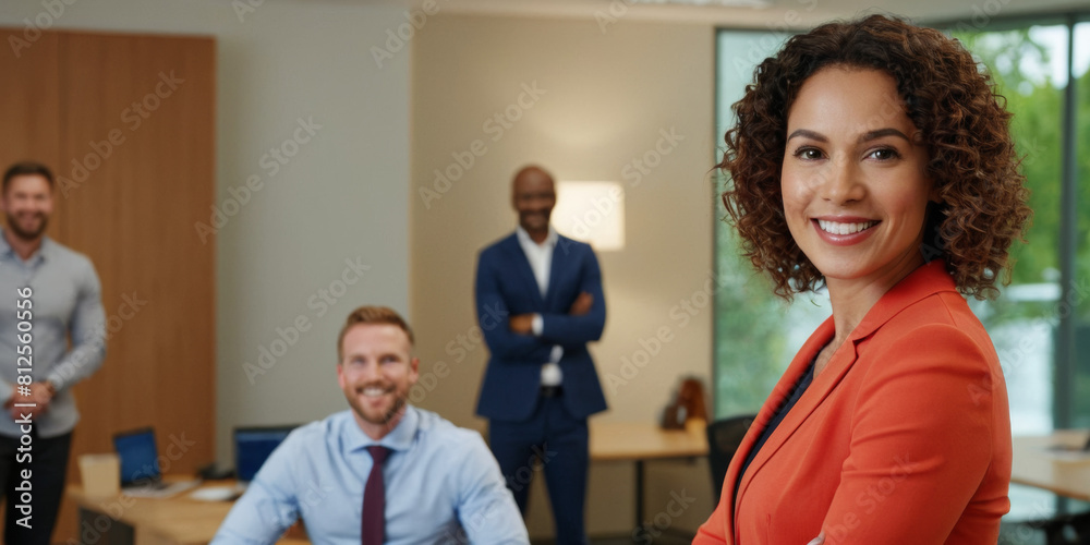 Fototapeta premium Smiling confident woman business leader looking at camera and standing in an office at team meeting