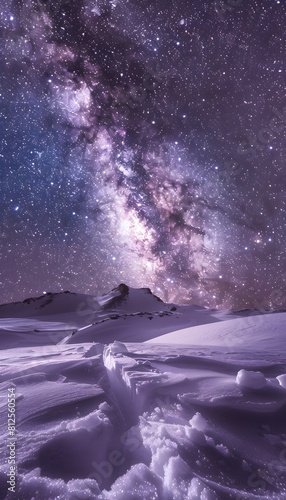 snowy hills with snow falling  stars shining in the night sky and purple galaxy sky background