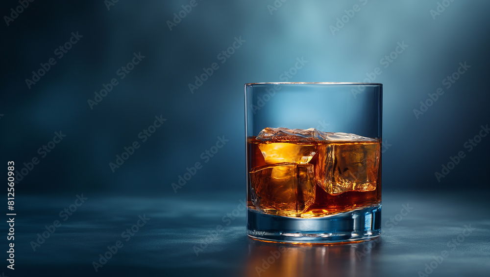 Faceted glass of whiskey with ice on dark background, Glass of whiskey with alcohol, male relaxation at the bar, Luxury still life of whisky glass. Copy space