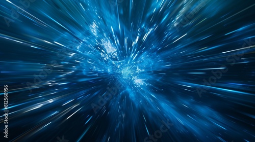 Surreal space flight with intense zoom effect on a deep blue background.