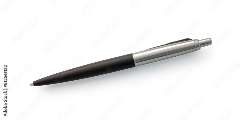 A sleek classic ballpoint pen with a black grip and silver body lies on a pure white surface. A sleek classic ballpoint pen with a black grip and silver body lies on a pure white surface.