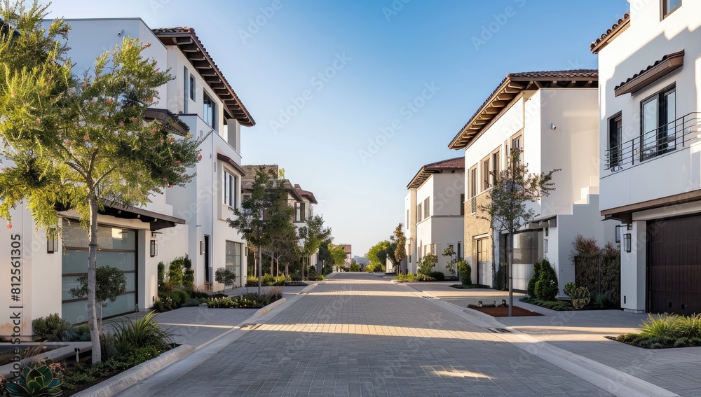 houses stand on the asphalt road, surrounded by trees and plants