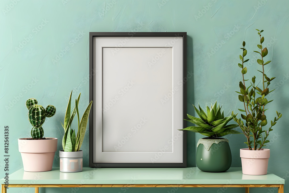 Interior design of living room with brown mock up photo frame on the green shelf with beautiful plants in different hipster and design pots mock up. Generative Ai. Interior design of living room with brown mock up photo frame on the green shelf with beautiful plants in different hipster and design pots mock up. Generative Ai.