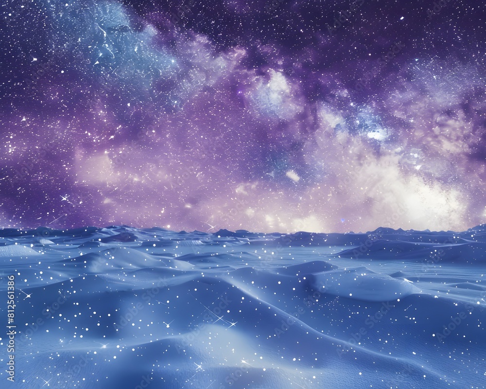 snowy hills with snow falling, stars shining in the night sky and purple galaxy sky background snowy hills with snow falling, stars shining in the night sky and purple galaxy sky background