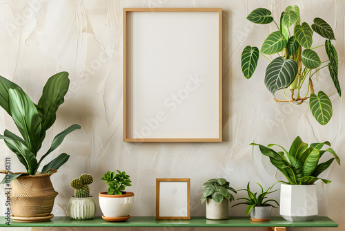 Interior design of living room with brown mock up photo frame on the green shelf with beautiful plants in different hipster and design pots mock up. Generative Ai.