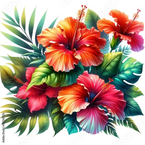 Vibrant Tropical Hibiscus Flowers and Leaves