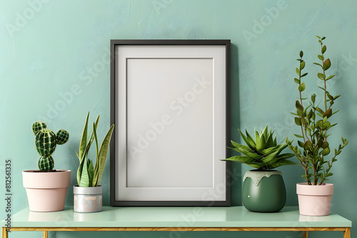 Interior design of living room with brown mock up photo frame on the green shelf with beautiful plants in different hipster and design pots mock up. Generative Ai.