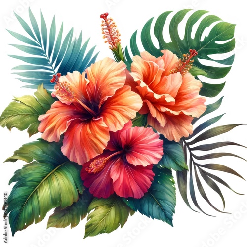 Colorful Tropical Hibiscus Flowers and Foliage